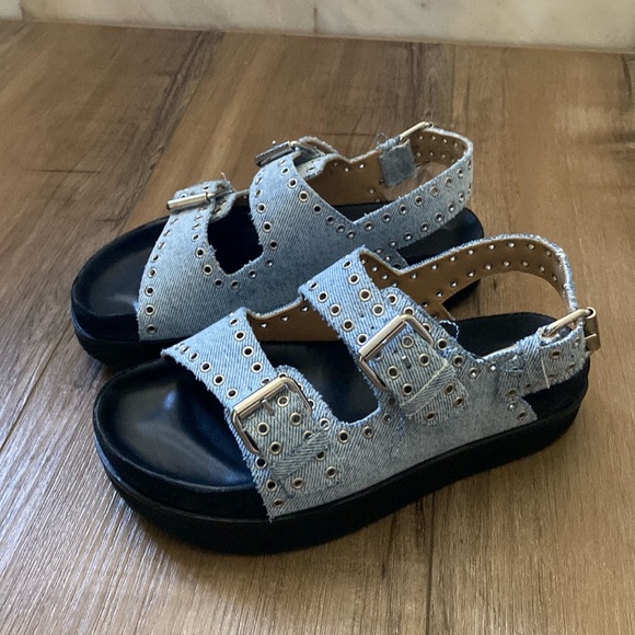 Isabel marant ophie denim buckle sandals Birkenstock style 38 8 new eyelet flat - Picture 1 of 7